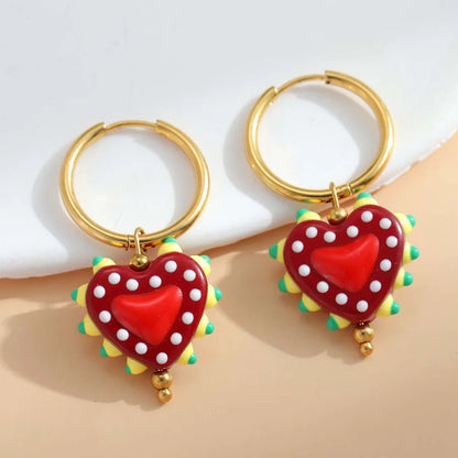 1 Pair Casual Cute Sweet Heart Shape Enamel Plating 304 Stainless Steel 18K Gold Plated Charm Sleeper Hoop Earrings