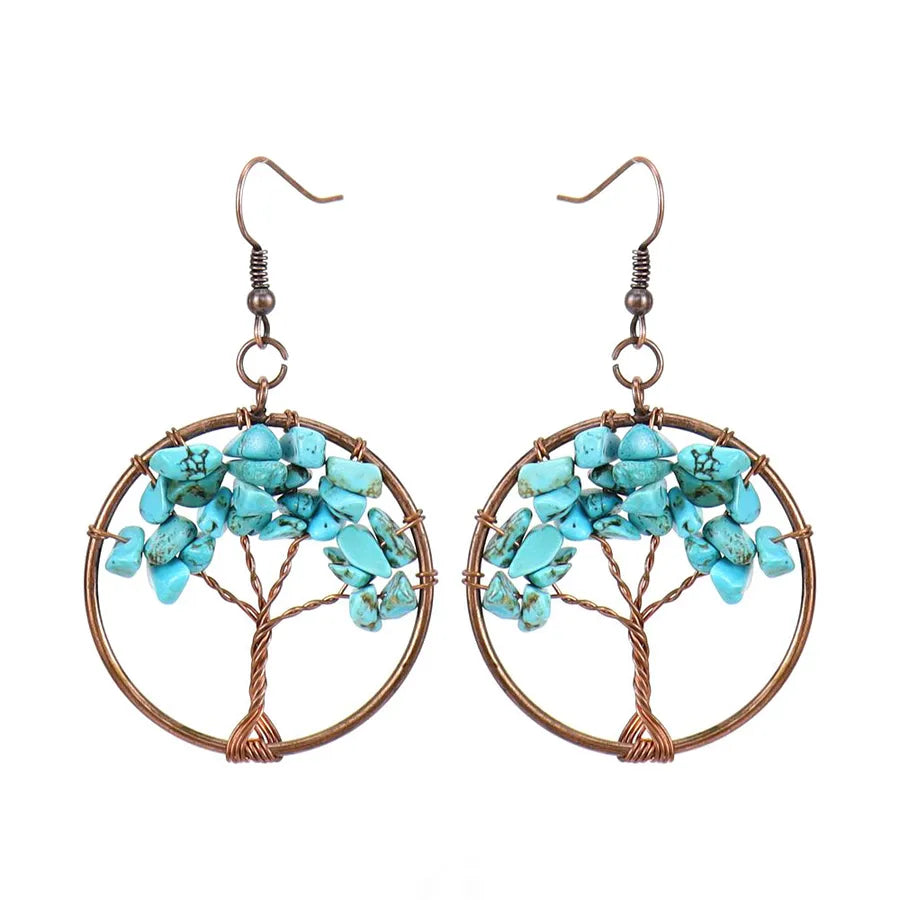 1 pair ethnic style pastoral tree hollow out natural stone copper drop earrings
