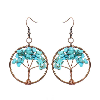 1 pair ethnic style pastoral tree hollow out natural stone copper drop earrings