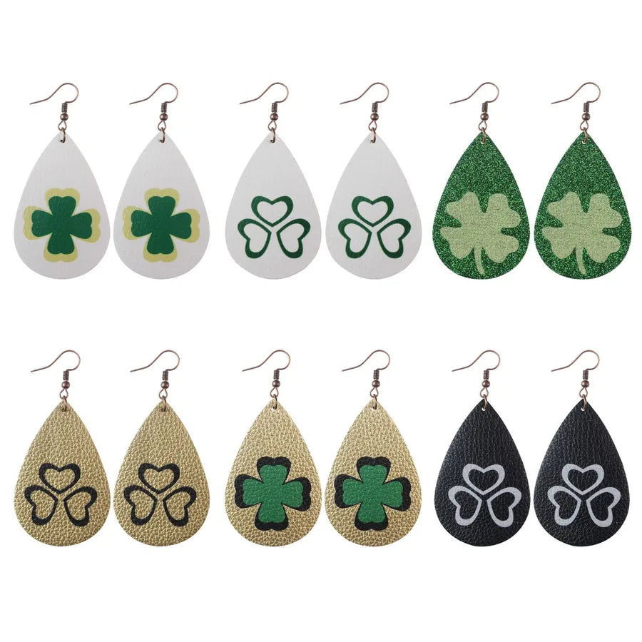 1 pair fashion four leaf clover water droplets pu leather st. patrick women's drop earrings