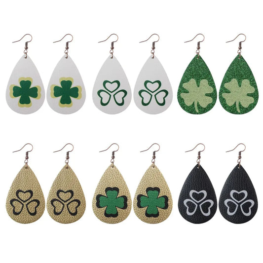 1 pair fashion four leaf clover water droplets pu leather st. patrick women's drop earrings