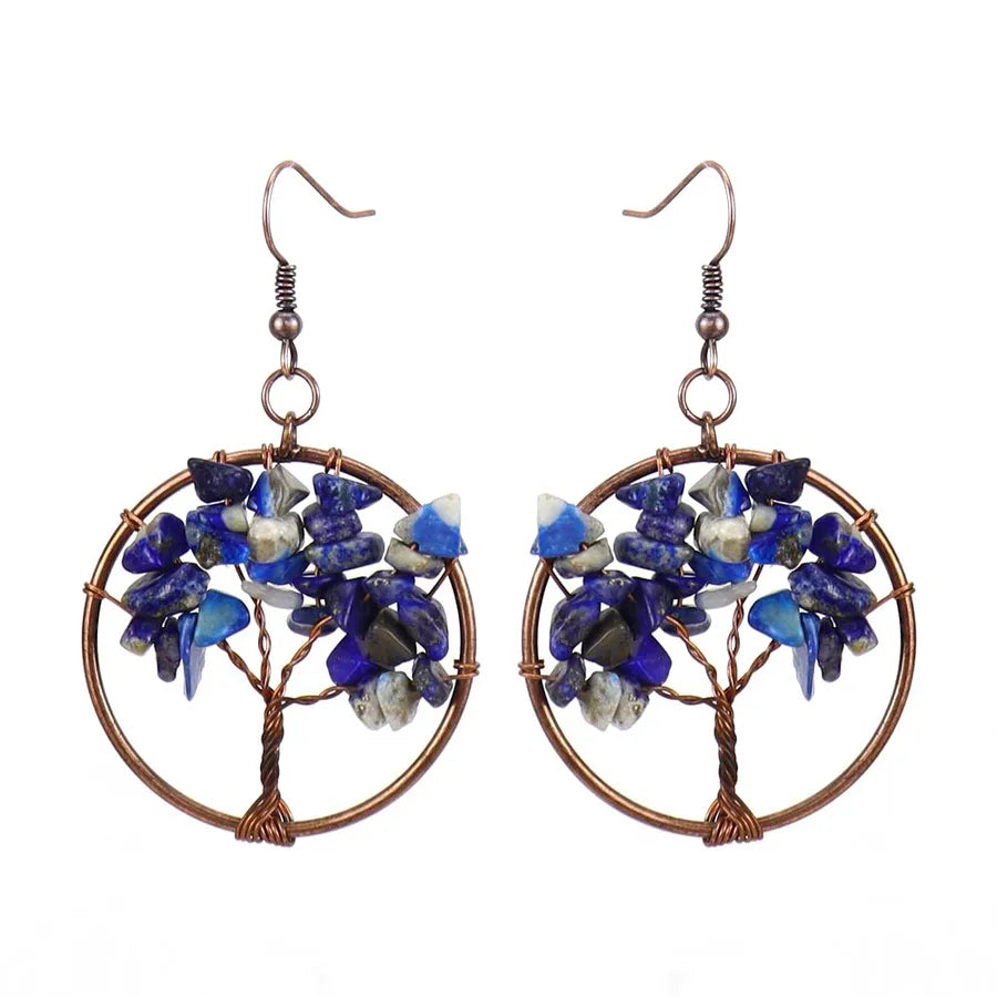 1 pair ethnic style pastoral tree hollow out natural stone copper drop earrings
