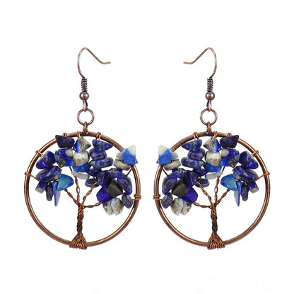 1 pair ethnic style pastoral tree hollow out natural stone copper drop earrings