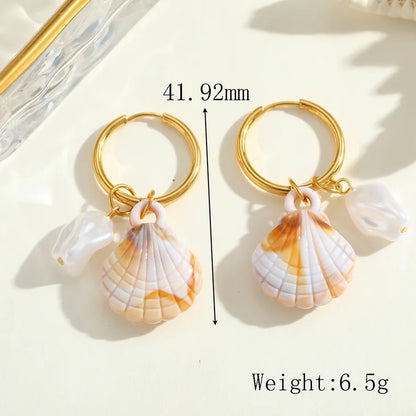 1 Pair Cute Romantic Artistic Starfish Conch Shell Plating Inlay 304 Stainless Steel Acrylic Imitation Pearl 18K Gold Plated Earrings