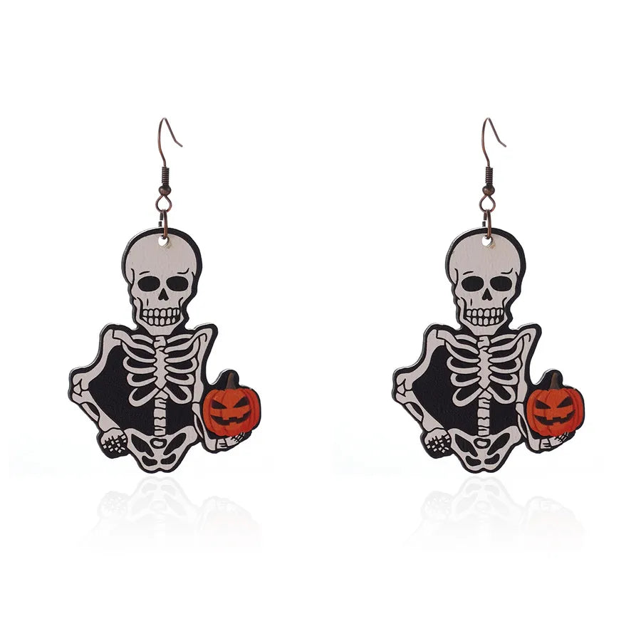 1 Pair Halloween Hip-Hop Funny ghost Spider Skull Wood Drop Earrings