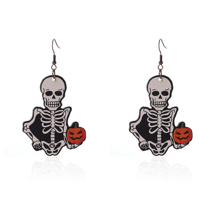 1 Pair Halloween Hip-Hop Funny ghost Spider Skull Wood Drop Earrings
