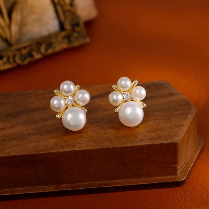 1 Pair Elegant Vintage Style Commute Round Inlay Copper Freshwater Pearl Zircon 14K Gold Plated Ear Studs