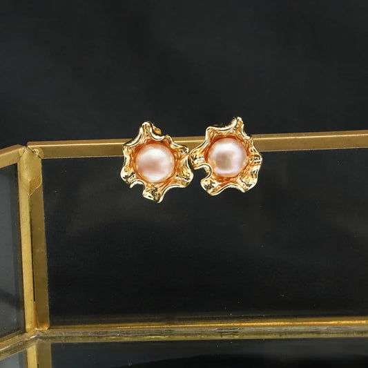 1 Pair 18K Gold Plated Copper 925 Sterling Silver Freshwater Pearl Geometric Solid Color Ear Studs