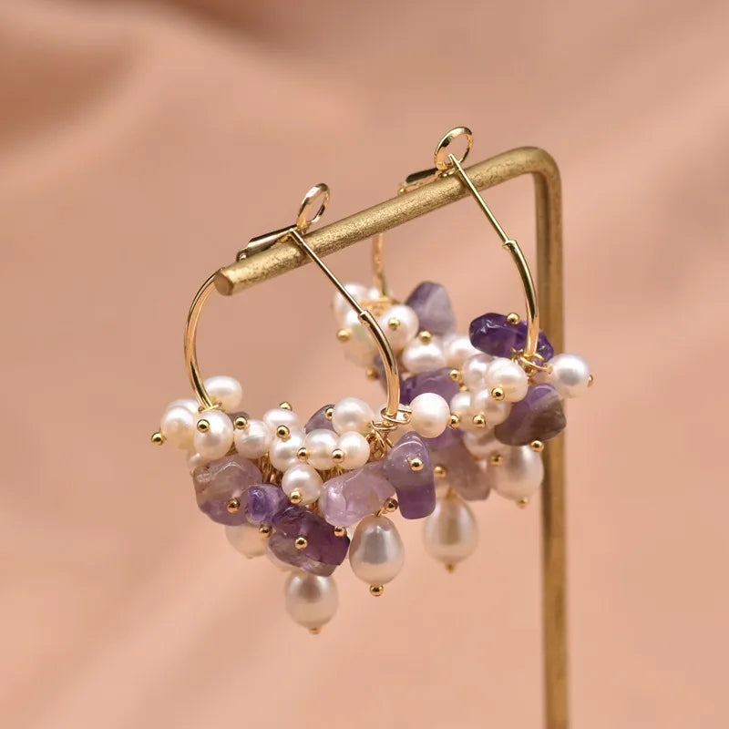 1 Pair 18K Gold Plated Freshwater Pearl Copper Zircon Flower Drop Earrings