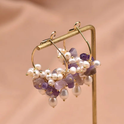 1 Pair 18K Gold Plated Freshwater Pearl Copper Zircon Flower Drop Earrings