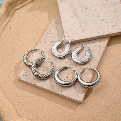 1 Pair/Package Casual Simple Style U Shape Round Stripe Handmade Polishing Plating 304 Stainless Steel Earrings