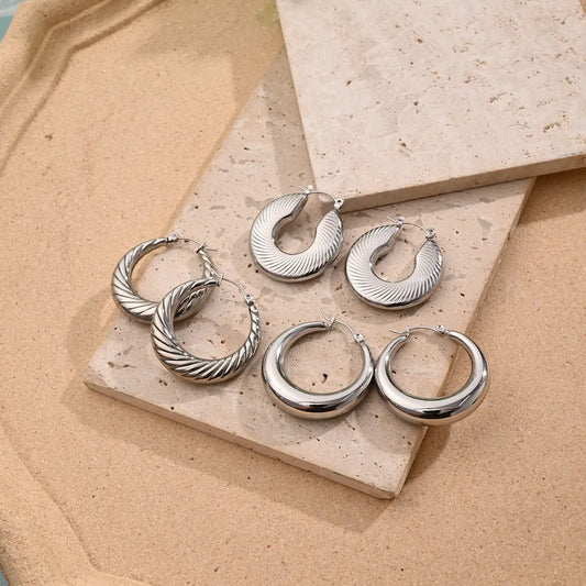 1 Pair/Package Casual Simple Style U Shape Round Stripe Handmade Polishing Plating 304 Stainless Steel Earrings