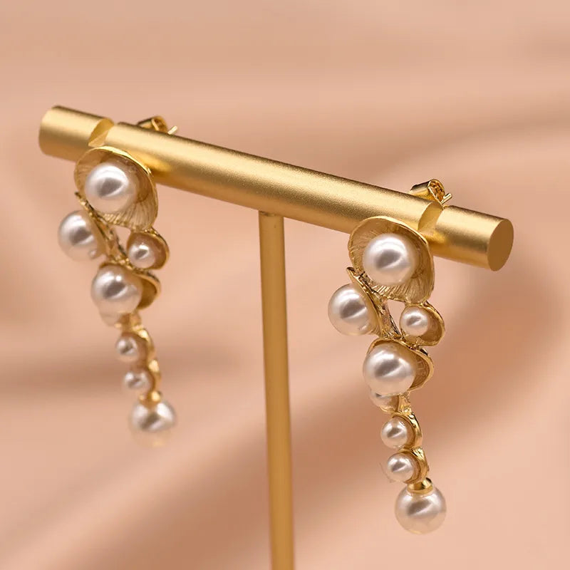 1 pair retro geometric plating freshwater pearl copper 18k gold plated drop earrings