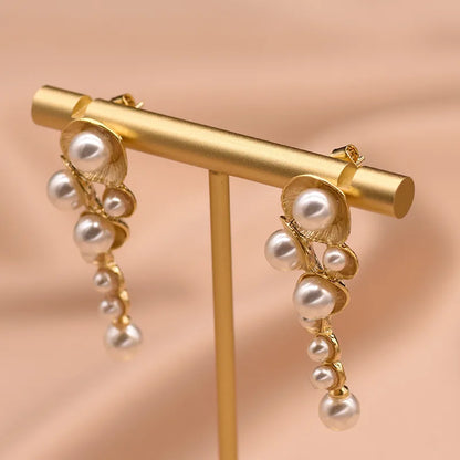 1 pair retro geometric plating freshwater pearl copper 18k gold plated drop earrings