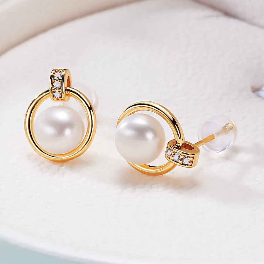 1 Pair Freshwater Pearl Pearl Zircon Round Ear Studs