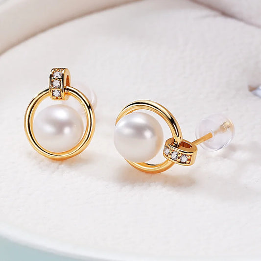 1 Pair Freshwater Pearl Pearl Zircon Round Ear Studs