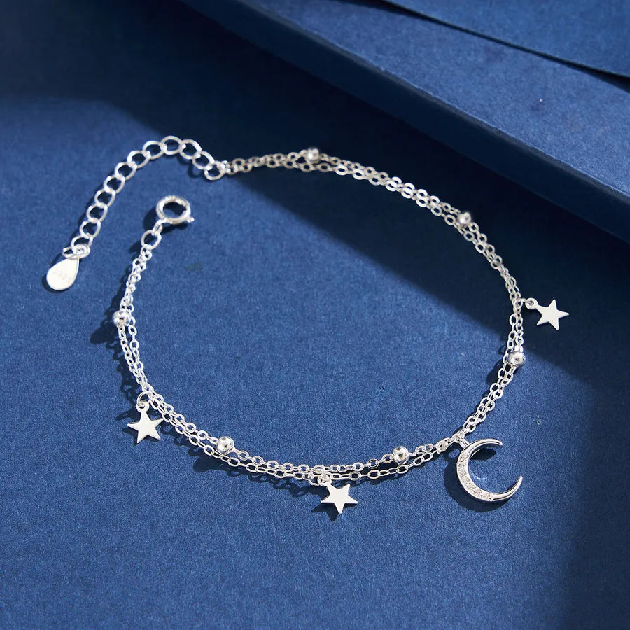 1 Piece 925 Sterling Silver Star Moon Zircon White Gold Plated 925 sterling silver cable chain Bracelets