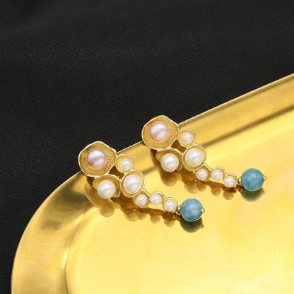 1 pair retro geometric plating freshwater pearl copper 18k gold plated drop earrings