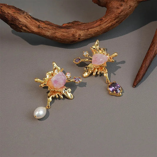 1 Pair 18K Gold Plated 925 Sterling Silver Freshwater Pearl Zircon Asymmetrical Drop Earrings