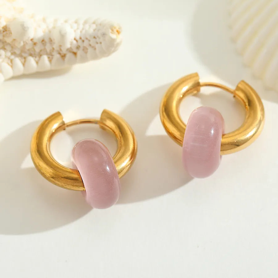 1 Pair Casual Elegant Cute Geometric Plating Inlay 304 Stainless Steel Cat's Eye Stone 18K Gold Plated Earrings