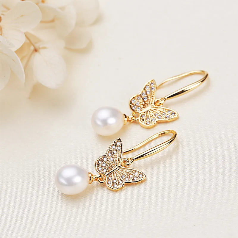 1 Pair 18K Gold Plated Freshwater Pearl Copper Zircon Freshwater pearl earrings Water Droplets Butterfly Drop Earrings