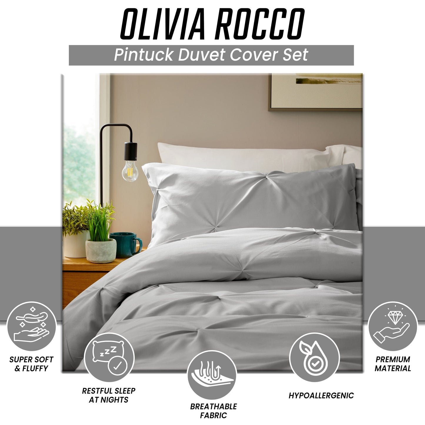 Pintuck Grey Microfibre Duvet Cover Set with Pillowcases Soft Breathable Easy Care Bedding Set Quilt Cover by OLIVIA ROCCO