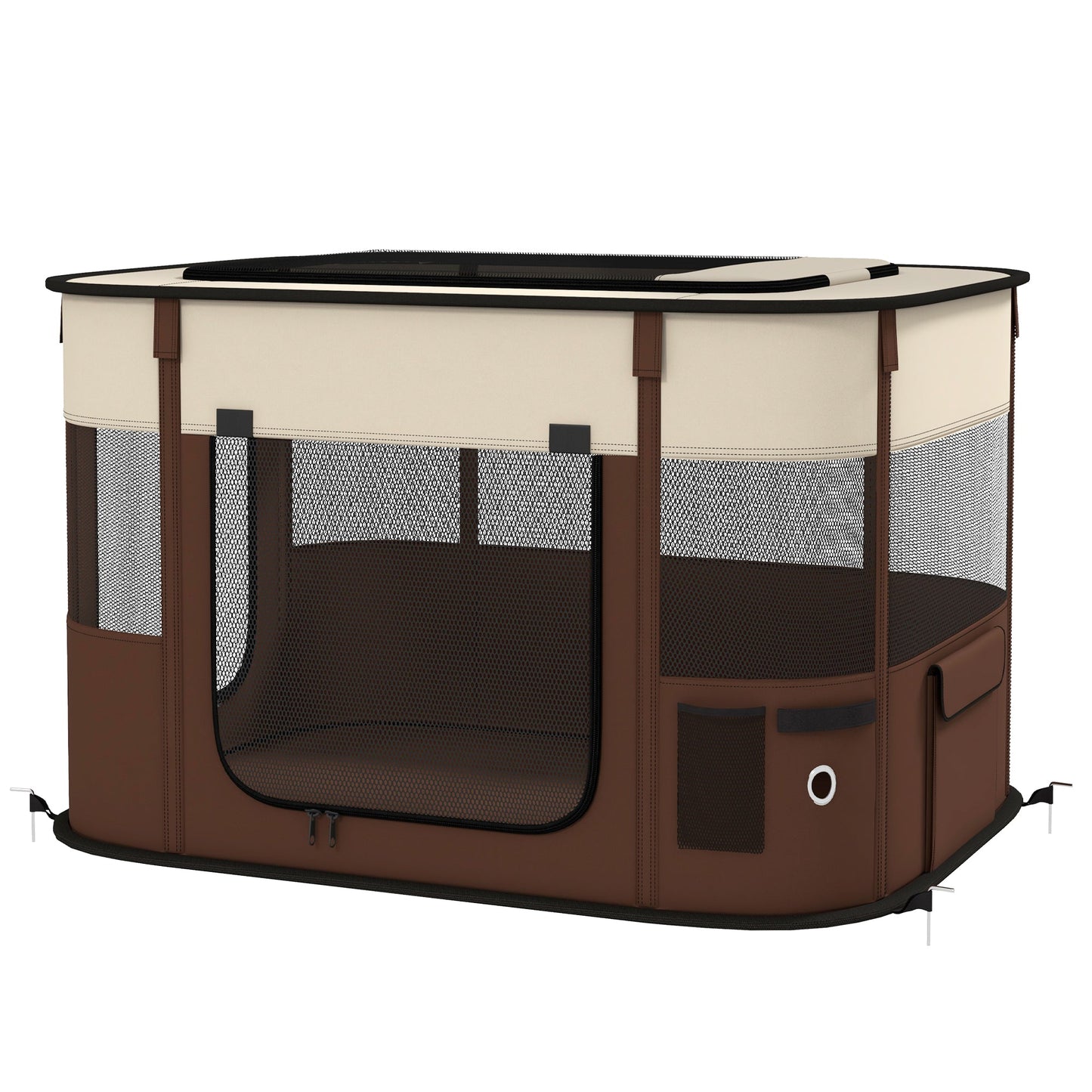 PawHut Foldable Dog Pen with Storage Bag for Indoor/Outdoor Use, Portable Pet playpen, with Ground Stakes - Brown