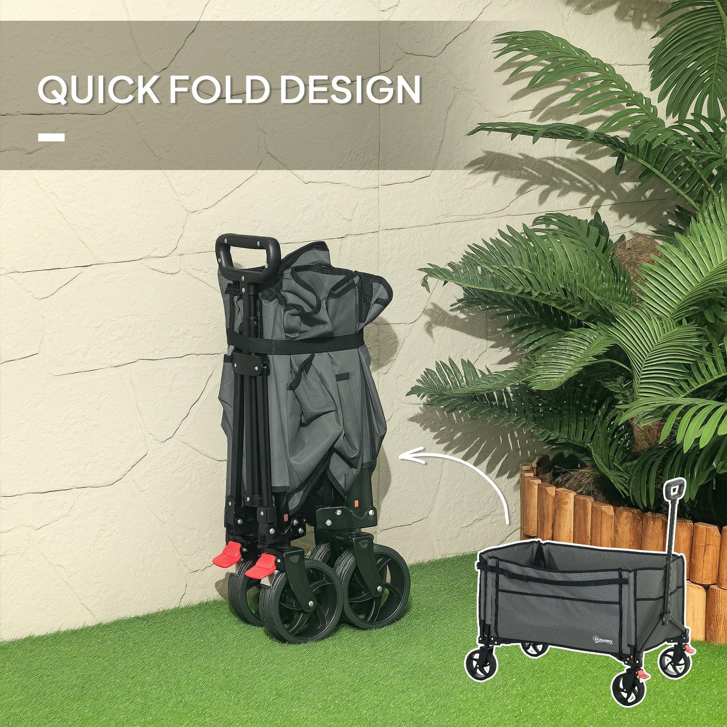 Outsunny Folding Trolley on Wheels, 150L Collapsible Wagon Festival Trolley Cart with Openable Sides, Adjustable Handle and Brakes for Shopping Camping Beach and Garden, Grey