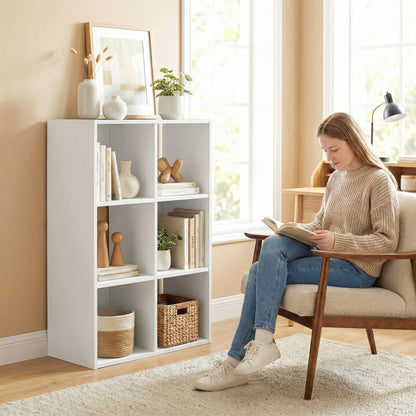 HOMCOM Industrial Style Storage Shelf, Bookcase, Bookshelf with 6 Compartments, for Living Room, Home Study, White Wood Effect