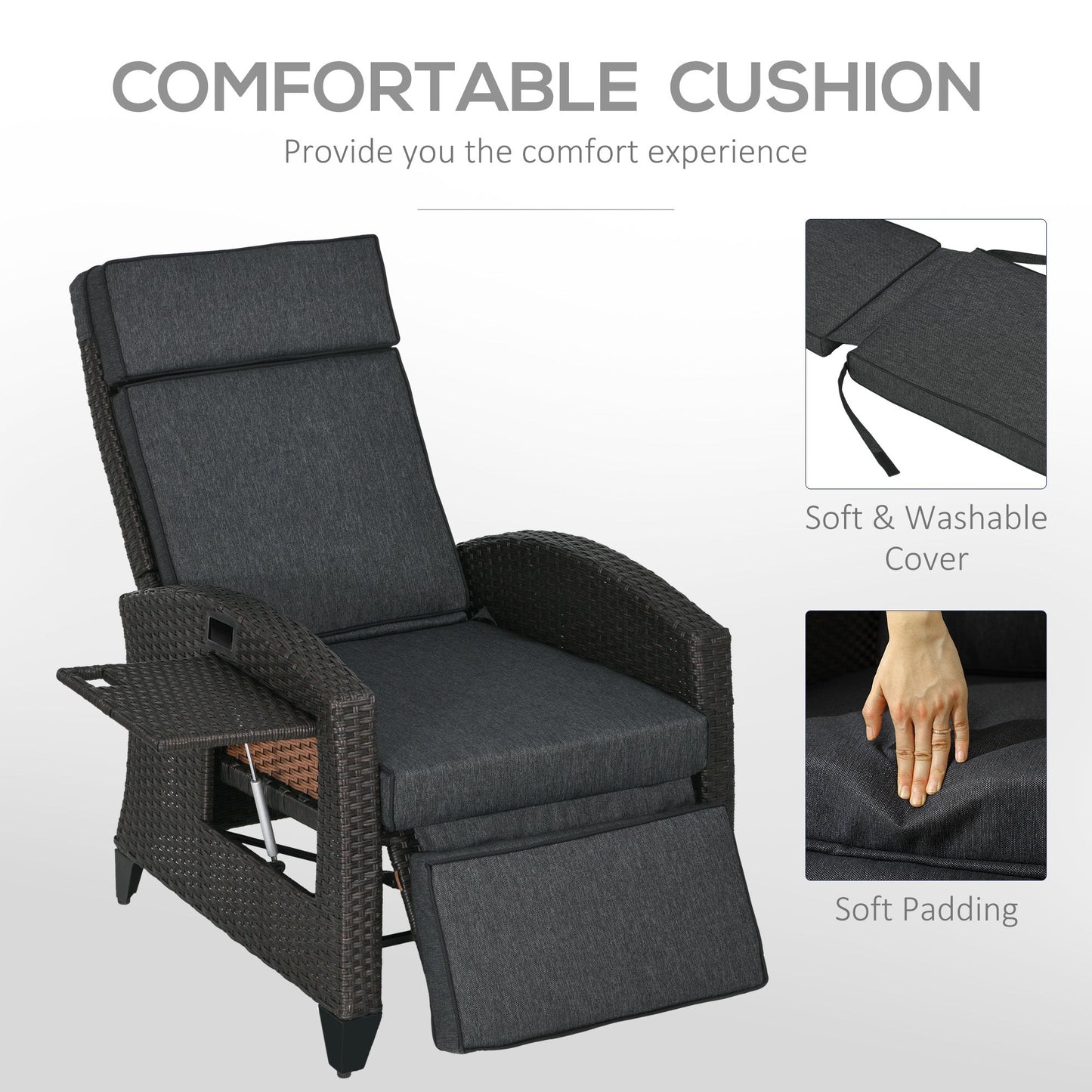 Outsunny Outdoor Recliner Chair with Adjustable Backrest and Footrest, Cushion, Side Tray, Grey