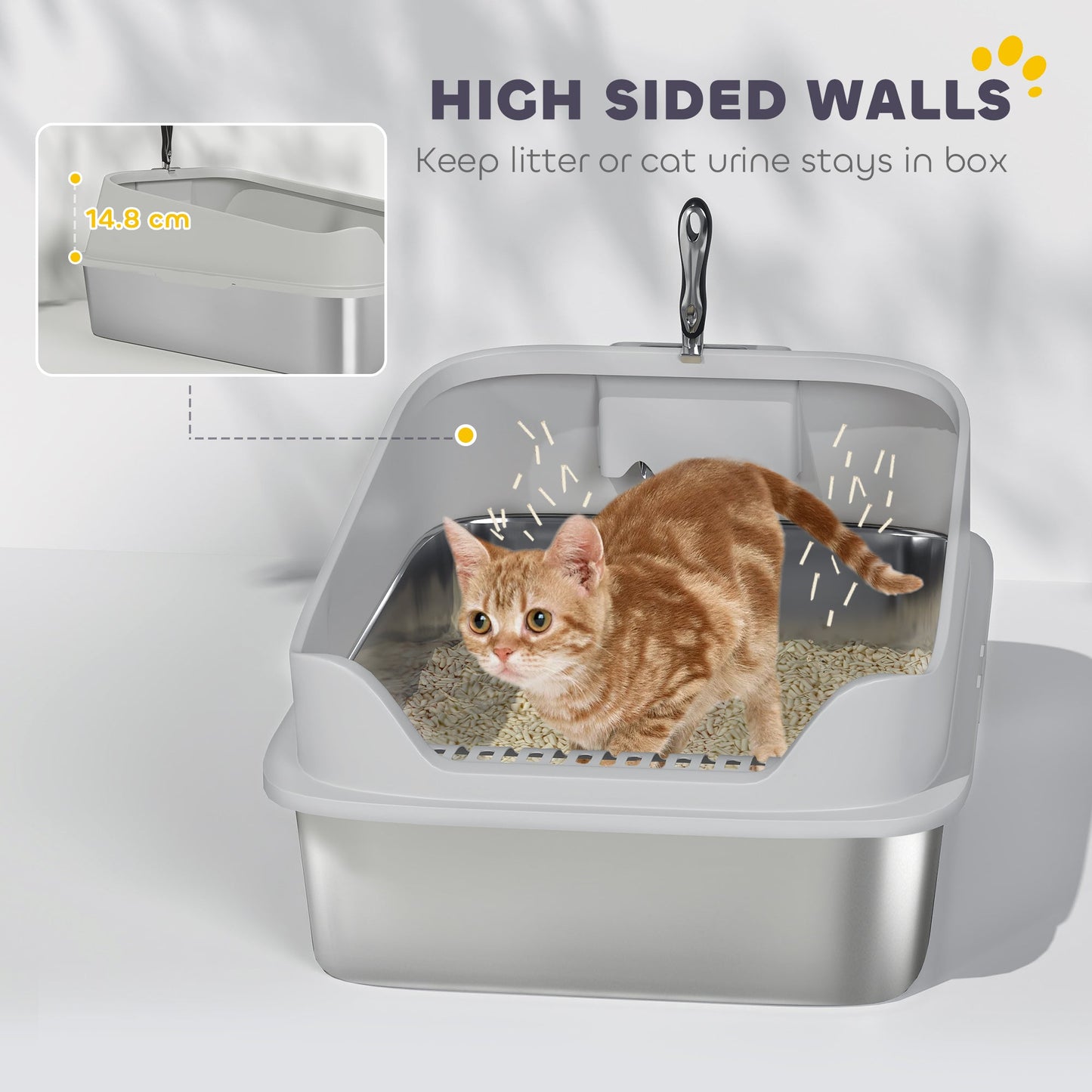 PawHut XXL Stainless Steel Cat Litter Box with High Sides, Metal Scoop, 70 x 50 x 30 cm