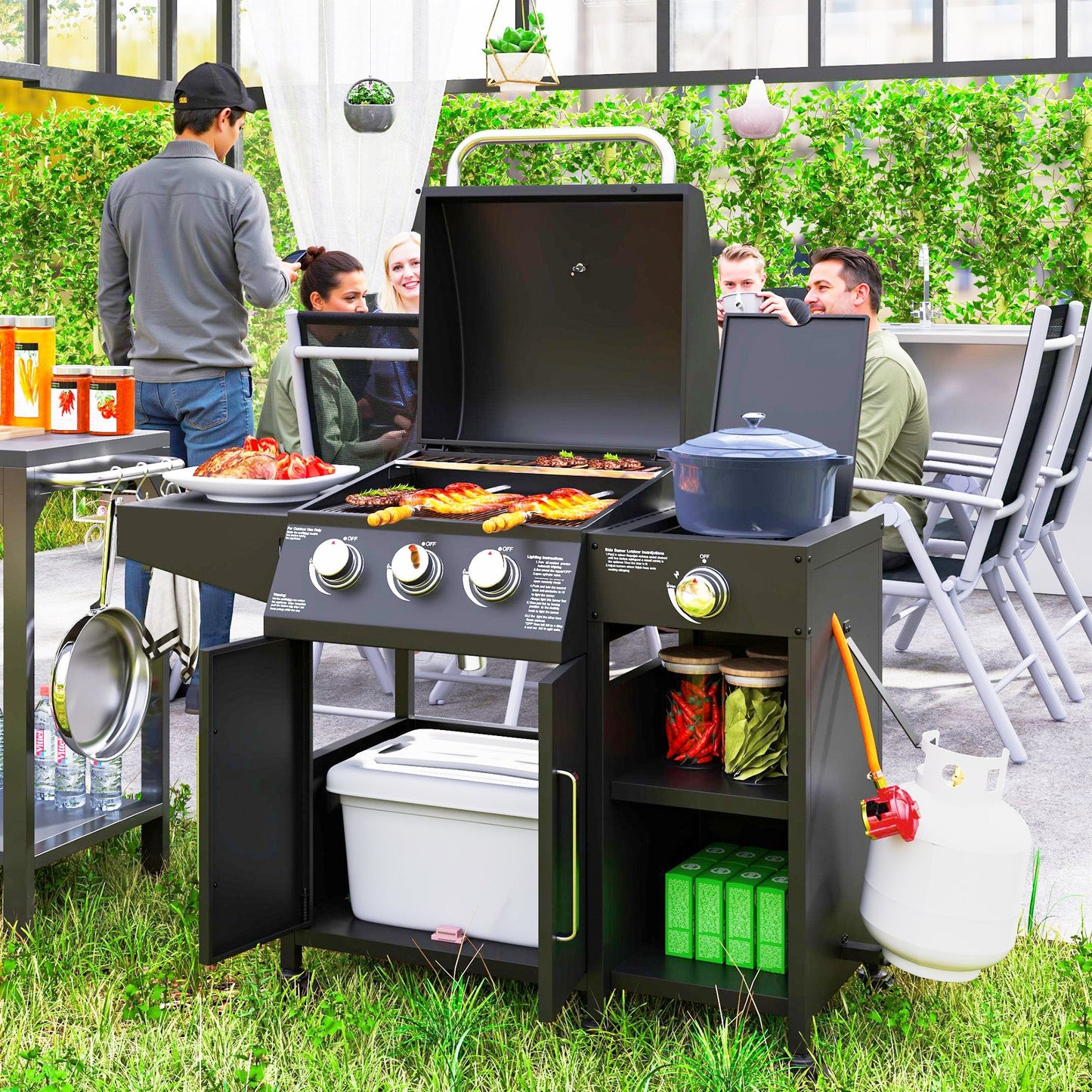 Outsunny 3+1 Burner Gas BBQ Grill with Storage Cabinet and Shelves, 11.6 kW Gas Barbecue Trolley with 6 Castor Wheels, Warming Rack, Thermometer for Outdoor Cooking Garden Party, Black