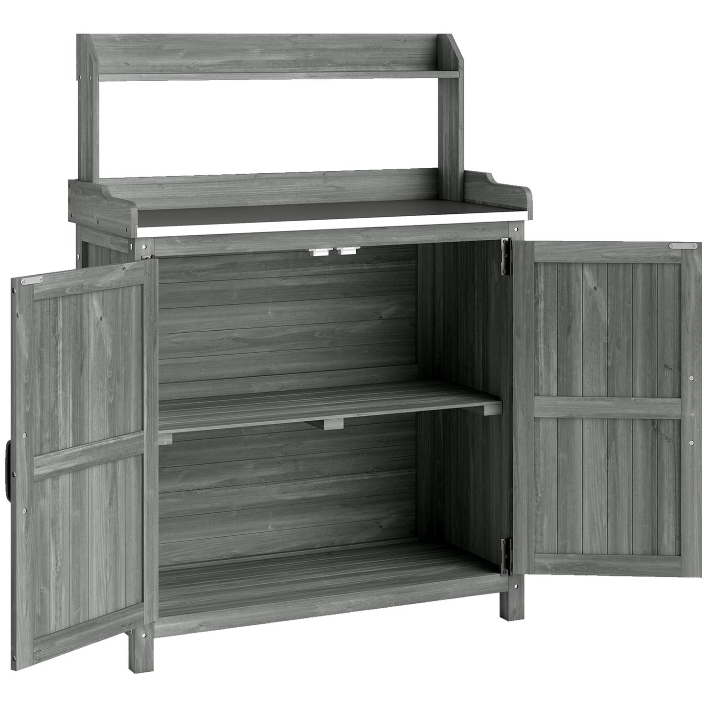 Outsunny Wooden Potting Bench Table with Aluminium Worktop, Outdoor Garden Workbench with Top Shelf and Cabinet Storage