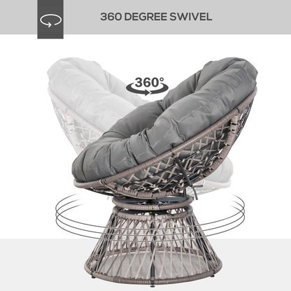 Outsunny 360\'c2\'b0 Swivel Rattan Papasan Moon Bowl Chair Round Lounge Garden Wicker Basket Seat with Padded Cushion Oversized for Outdoor Indoor, Grey