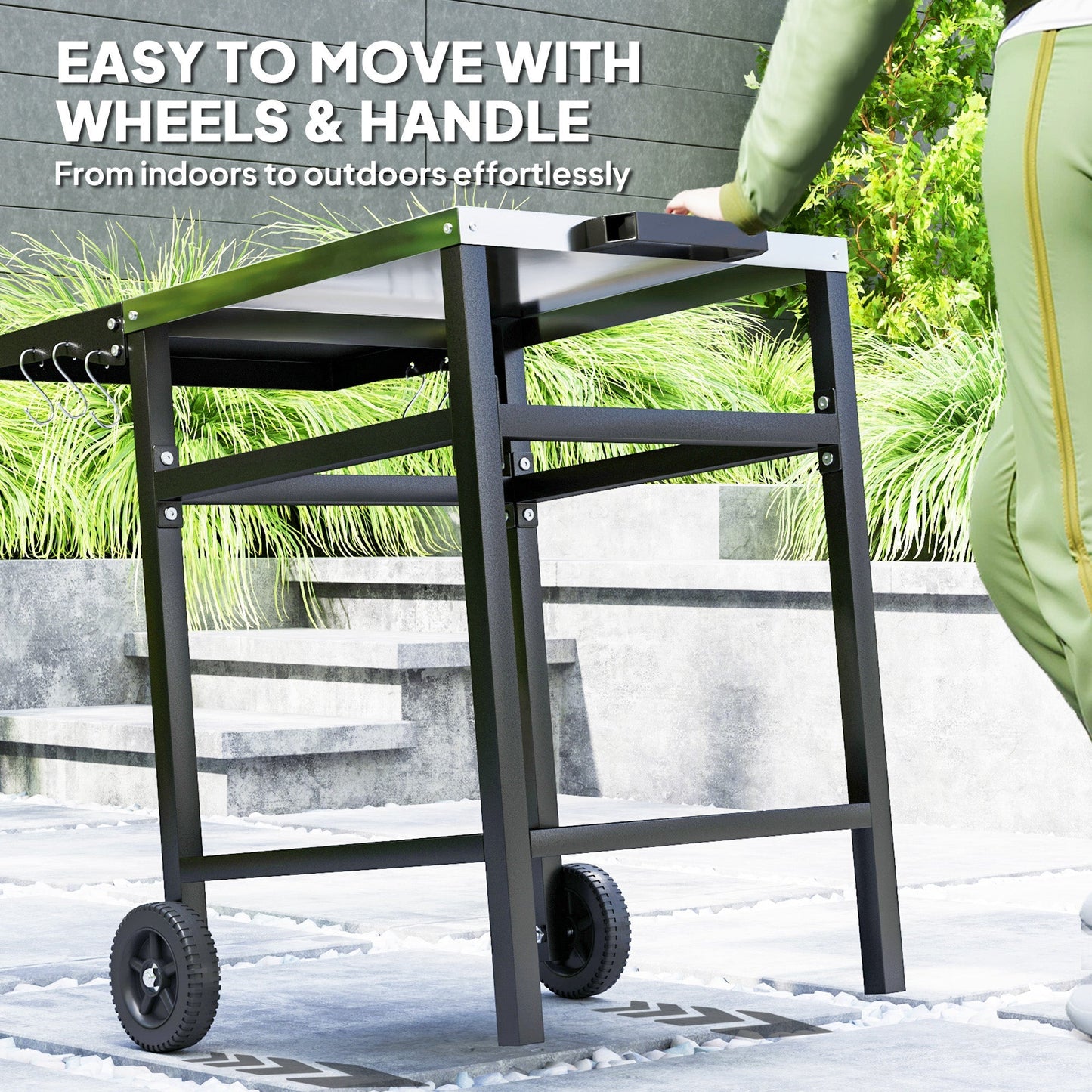 Outsunny BBQ Trolley with Stainless Steel Top and Foldable Side Table, Outdoor Kitchen BBQ Station with Hooks and Shelf, Pizza Oven Table Movable Outdoor Grill Dining Cart with Cover, Black