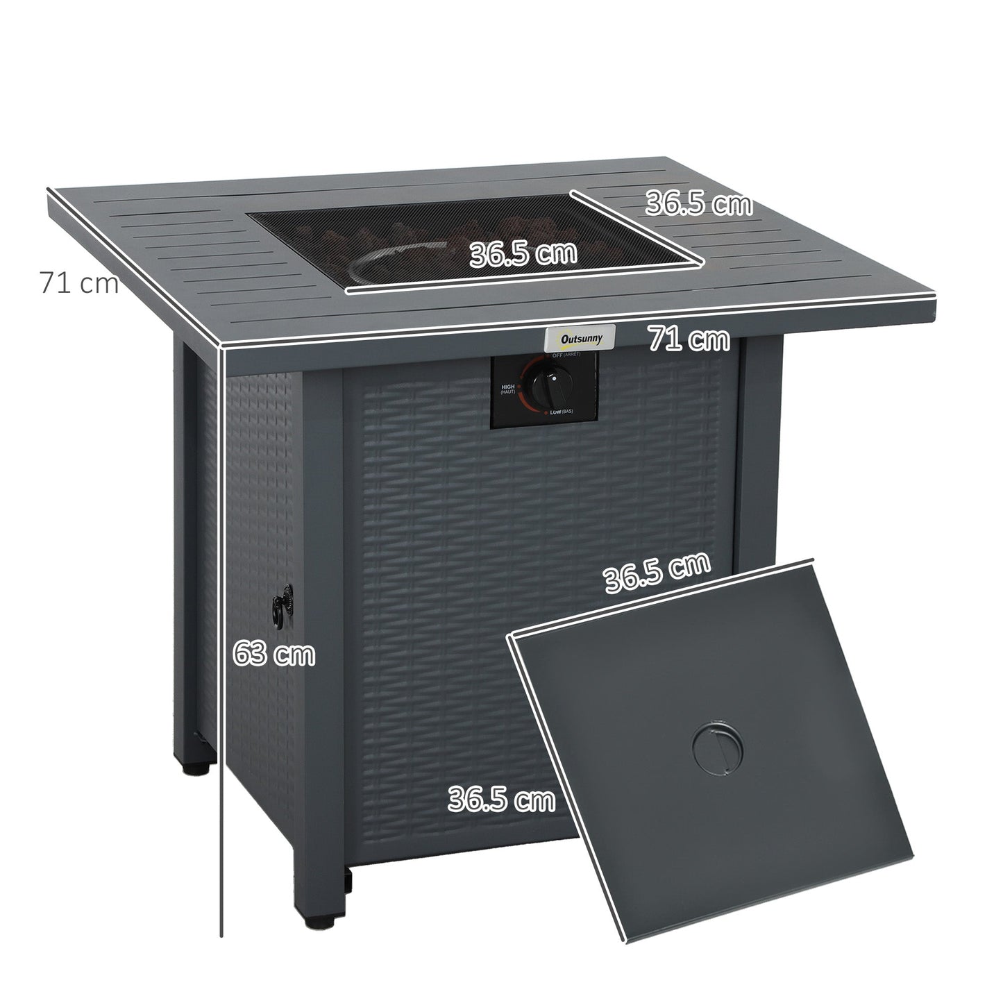 Outsunny Rattan-style Propane Gas Fire Pit Table with 40,000 BTU Burner, Square Smokeless Firepit Patio Heater with Thermocouple, Lava Rocks, Waterproof Cover, Spark Guard and Lid, Grey