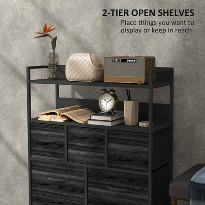 HOMCOM Rustic Chest of Seven Fabric Drawers - Black