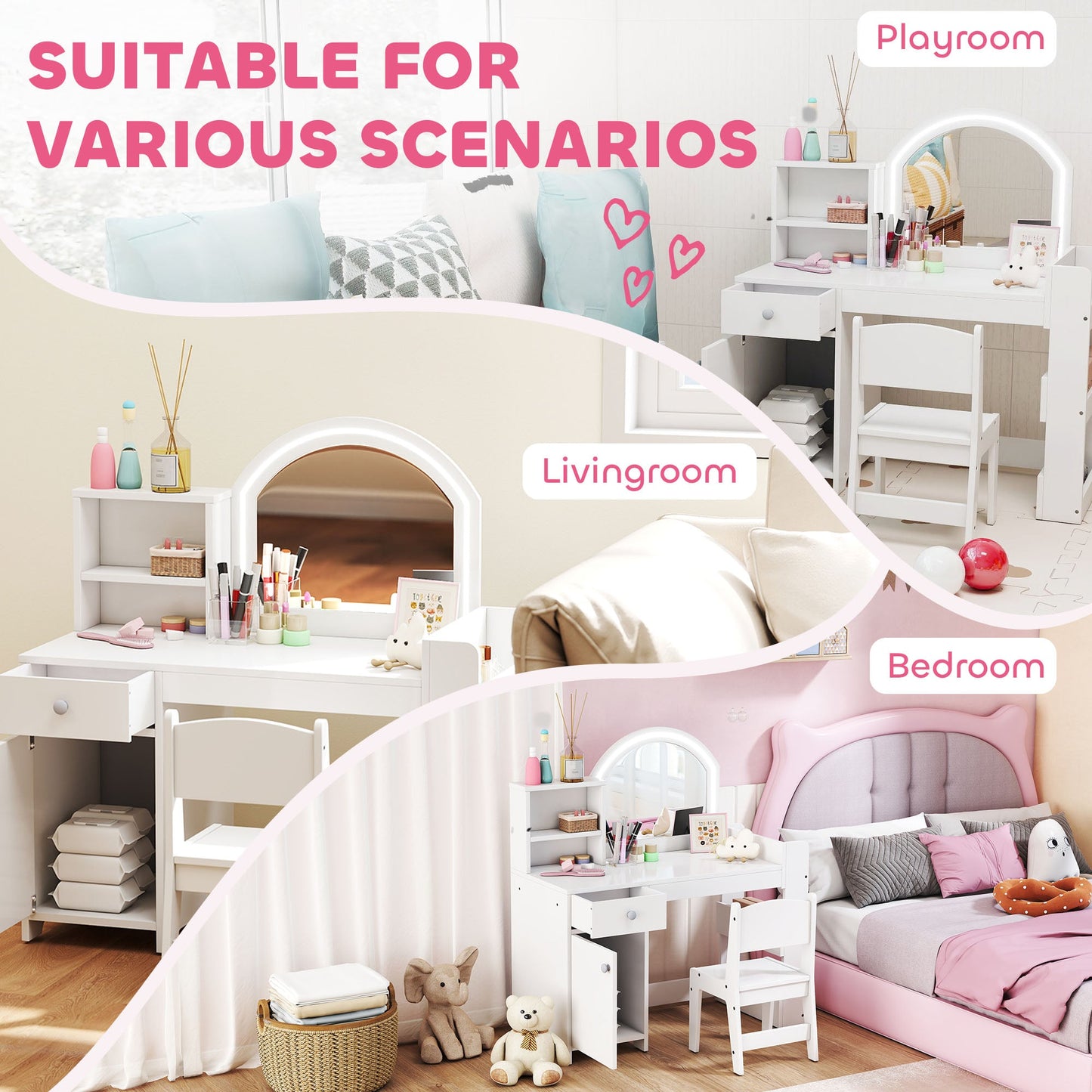 AIYAPLAY Kids Vanity Table and Chair Set, Girls Dressing Table with 2-Colour LED Mirror, Stool, Cabinet, Drawer, Shelves, White