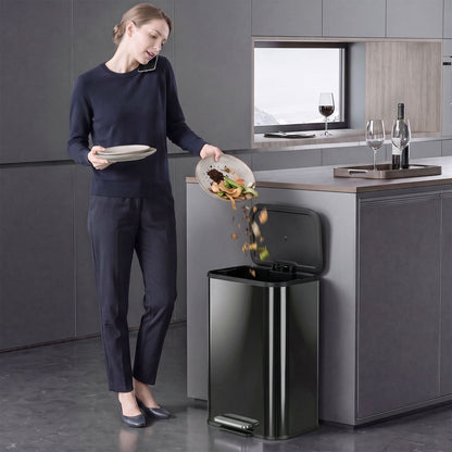 HOMCOM 50L Kitchen Bin, Metal Pedal Rubbish Bin with Soft Close and Stay-Open Lid, Removable Inner Bucket, High Gloss Black