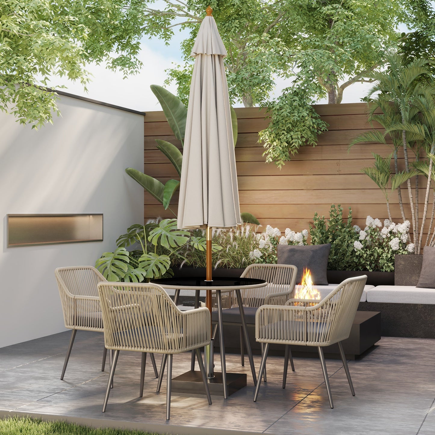 Outsunny 4 Seater Rattan Dining Set, Rattan Garden Furniture Set with Parasol Hole, Outdoor Dining Table and Chairs Set with Cushions, Round Glass Top Table for Patio, Balcony, Light Brown