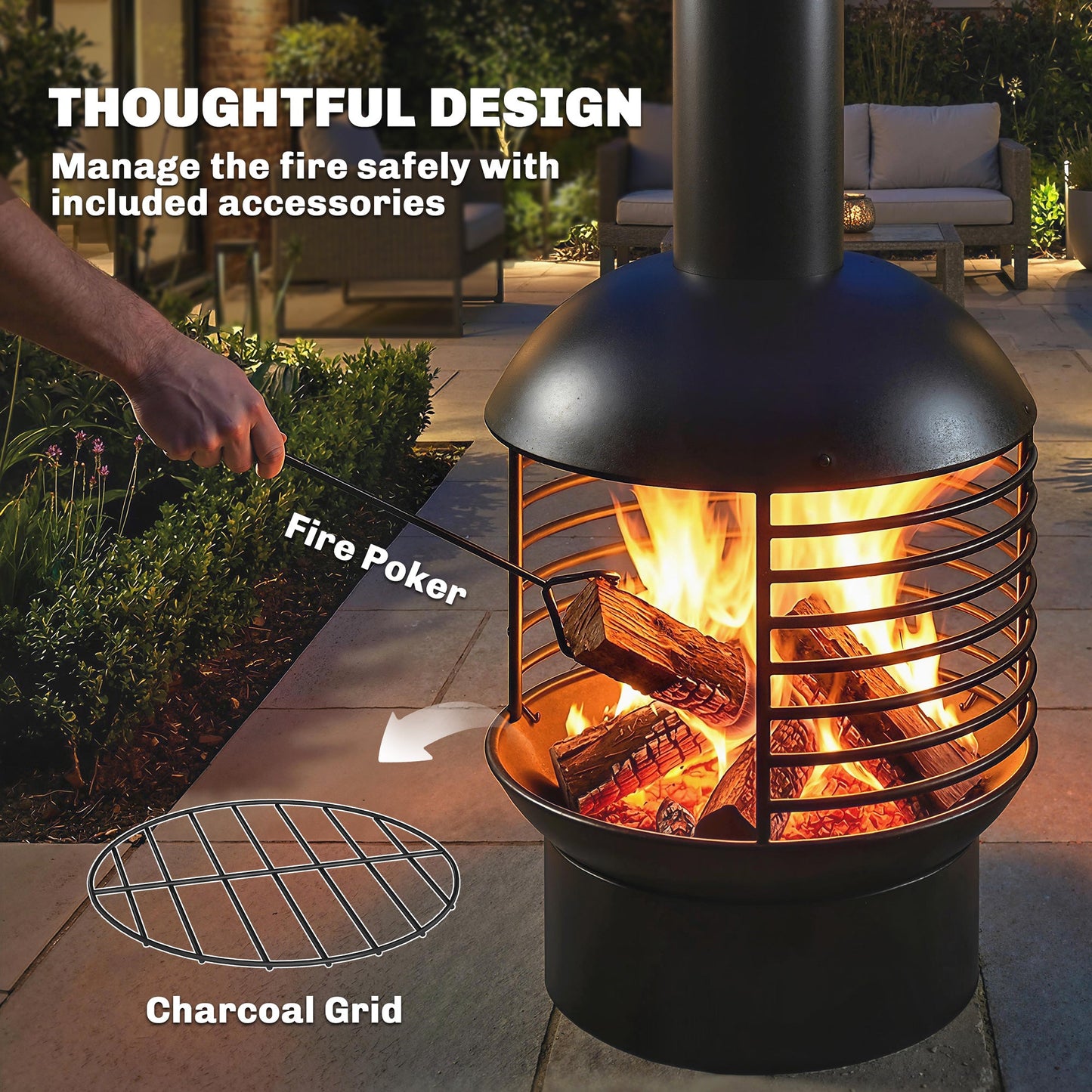 Outsunny Chimney Fire Pit, Portable Wood Burning Firepit with Poker, Charcoal Grid, Outdoor Fireplace for Garden Patio, Black