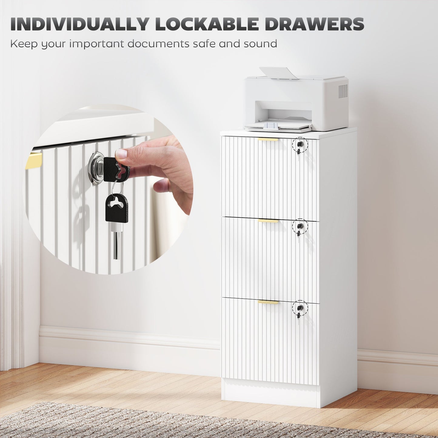 HOMCOM Filing Cabinet, Fluted Vertical File Cabinet with 3 Lockable Drawers and Hanging Rails, White