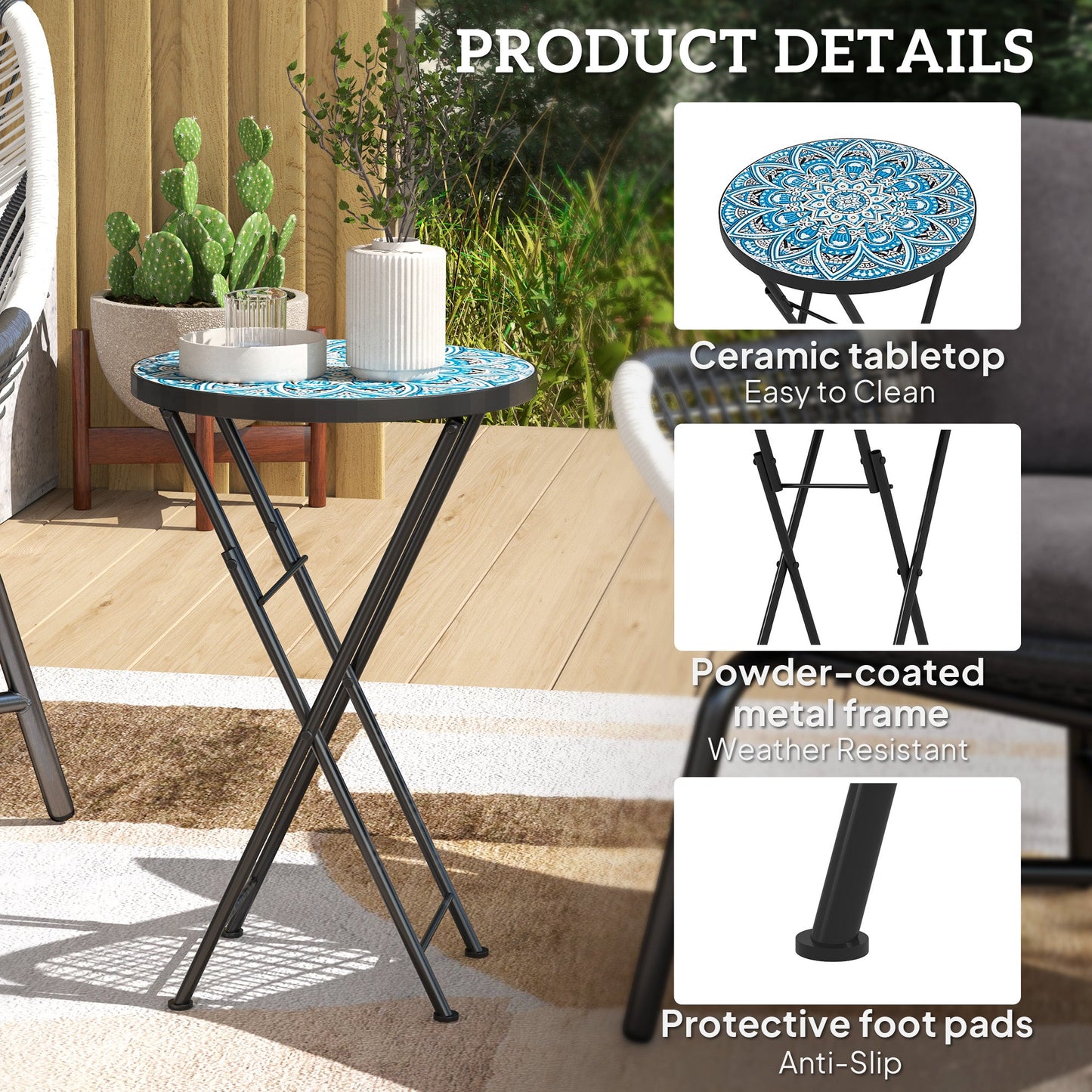 Outsunny Mosaic Outdoor Garden Table, 35.5cm Round Folding Coffee Table with Metal Frame for Balcony Terrace, Blue
