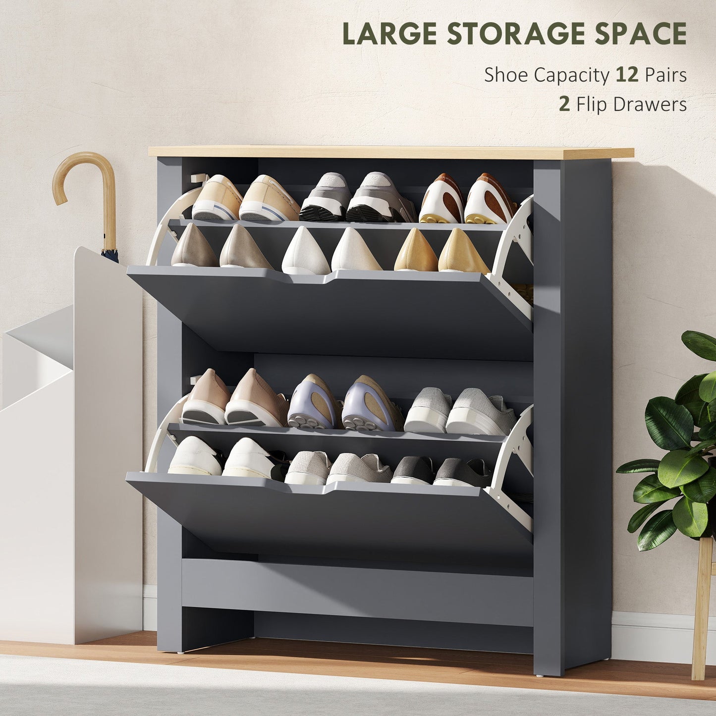 HOMCOM Slim Shoe Cabinet, Narrow Shoe Cupboard with 2 Flip Drawers, Adjustable Shelves for 12 Pairs of Shoes, Charcoal Grey