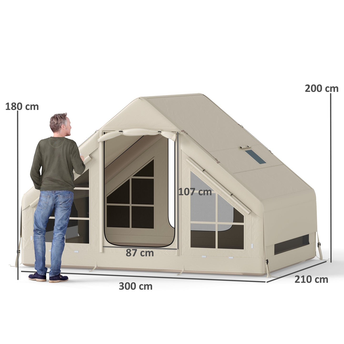 Outsunny Inflatable Camping Tent with Pump, Easy Setup 2-4 Person Blow Up Tent, Waterproof Luxury Inflatable Tent with Mesh Windows, Doors, Hook and Carry Bag, Beige