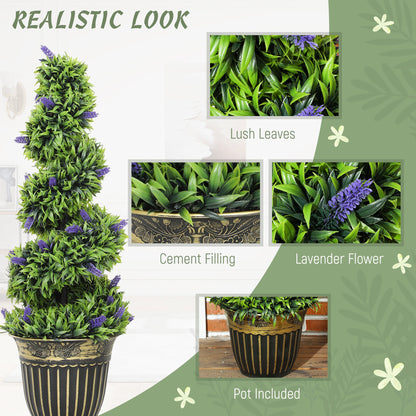 HOMCOM Set of 2 Decorative Artificial Plants, Boxwood Spiral Topiary Tree with Lavender and Pot, Fake Plants for Home Indoor Outdoor Decor, 90cm
