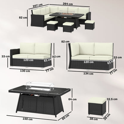 Outsunny 7 Pieces PE Rattan Garden Furniture Set, 50,000 BTU Gas Fire Pit Table, Double Corner Sofa and 3 Footstools