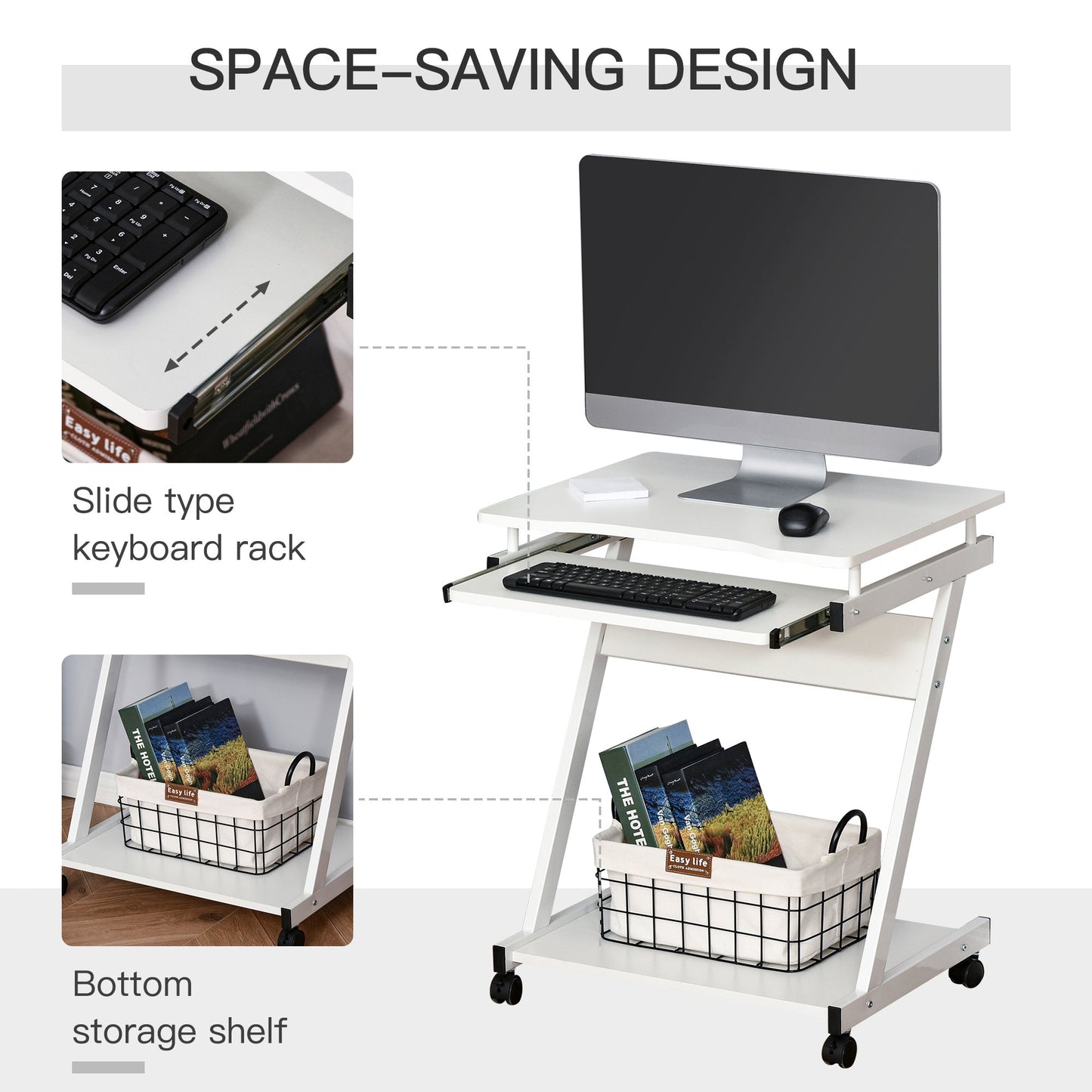 HOMCOM Movable Computer Desk with 4 Moving Wheels Sliding Keyboard Tray Home Office Workstation White