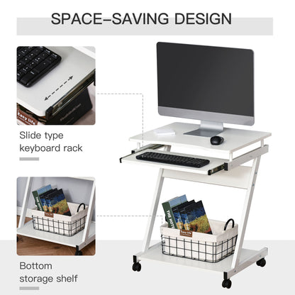 HOMCOM Movable Computer Desk with 4 Moving Wheels Sliding Keyboard Tray Home Office Workstation White