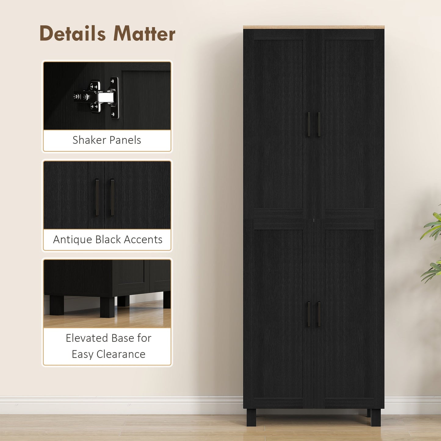 HOMCOM Freestanding Kitchen Cupboard, 4-Door Storage Cabinet with Adjustable Shelves, Modern Kitchen Pantry for Dining Room, 170cm, Black